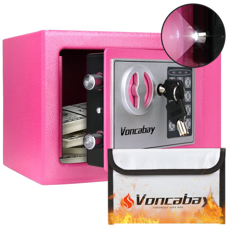 Voncabay Cute Money Safe Box for Home with Sensor Light & Fireproof Money Bag for Cash Safe  Security Safe Box for Money Safe with Keys & Pass Code  Lock Box Fireproof Pink Safe with Digital Keypad - Image 1